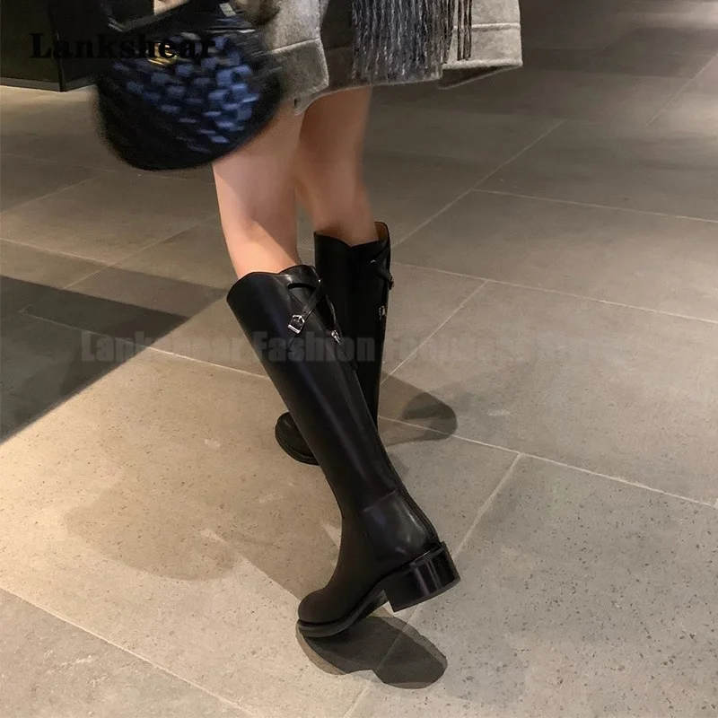 여성용 라운드 토 백 지퍼 롱 부츠, 두꺼운 힐, 나이트 부츠, 럭셔리 디자인, 리어 크로스 버클, 무릎 높이 부츠, 가을 겨울