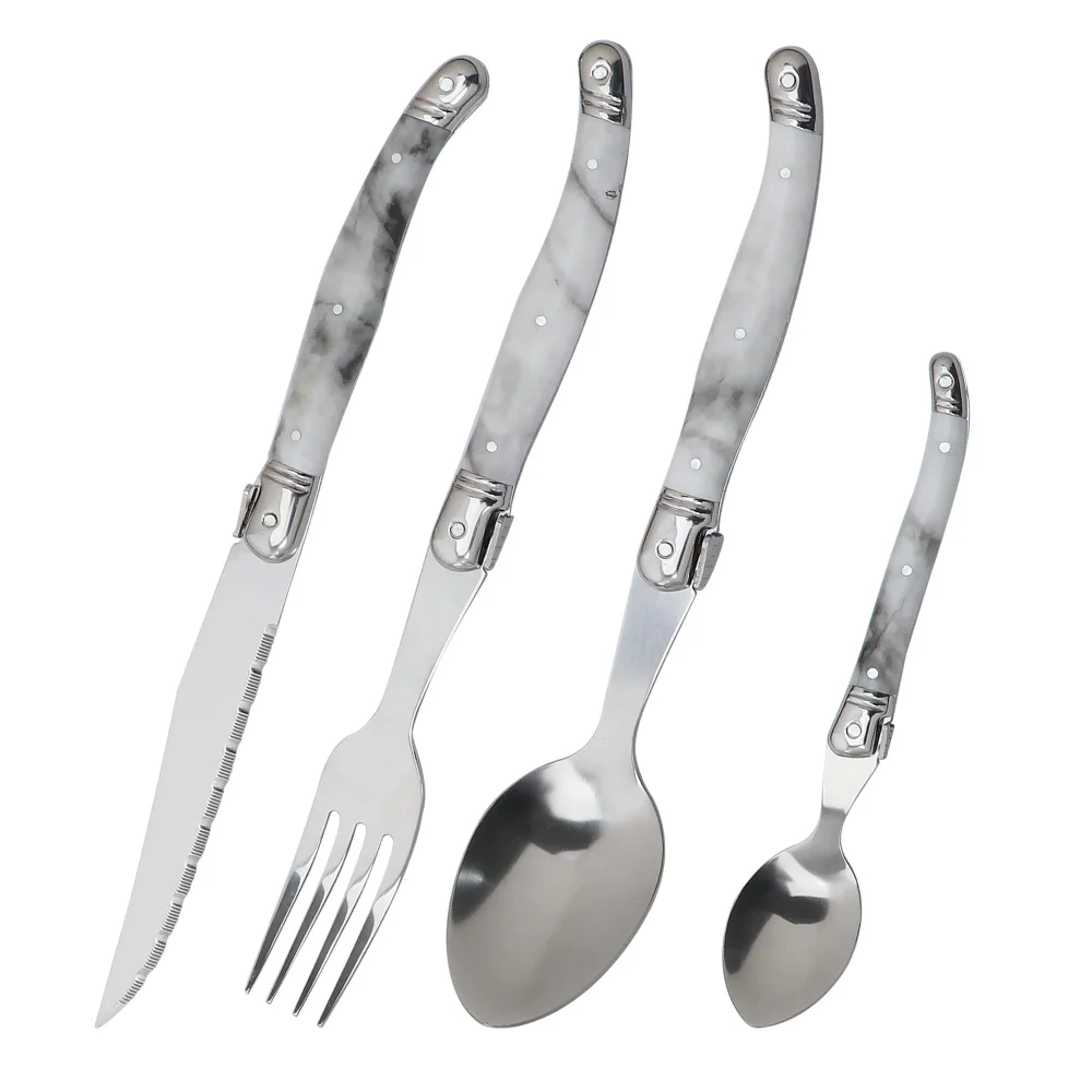 스테인레스 스틸 커트레이 세트, 화이트 마블링 플랫웨어, 모조 대리석 테이블 포크 선물 세트, 스테이크 나이프 주방용 식기류
