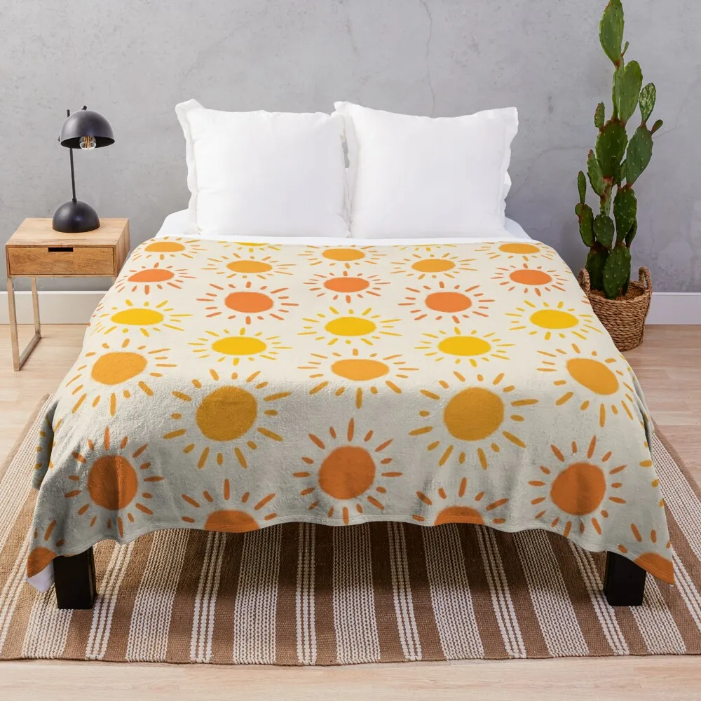 

Happy Retro Sun Pattern - Yellow Orange Red Palette Throw Blanket Fluffy Blankets Large
