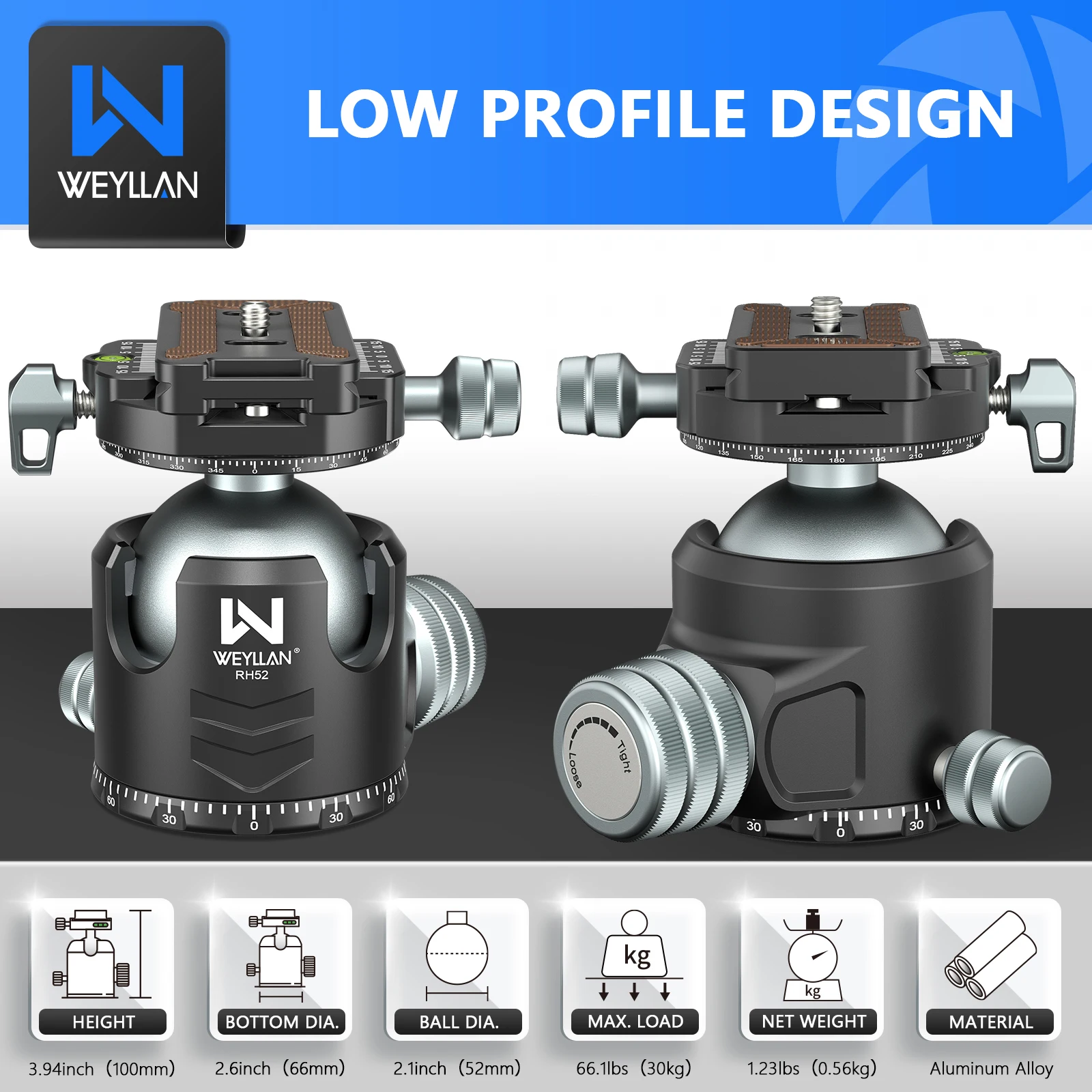카메라 용 로우 프로파일 삼각대 헤드, 범용 파노라마 볼 헤드, CNC 메탈, 52mm 볼 헤드 마운트, 추가 퀵 릴리스 플레이트 포함