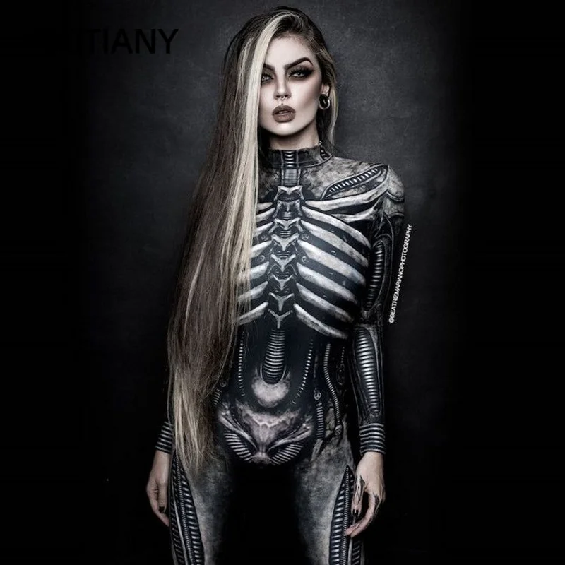Women Clothing Long Sleeve 3D Printed Halloween Carnival Horror Human Skeleton Cosplay Costumes Tight Jumpsuit Zentai Bodysuit cosplay costume