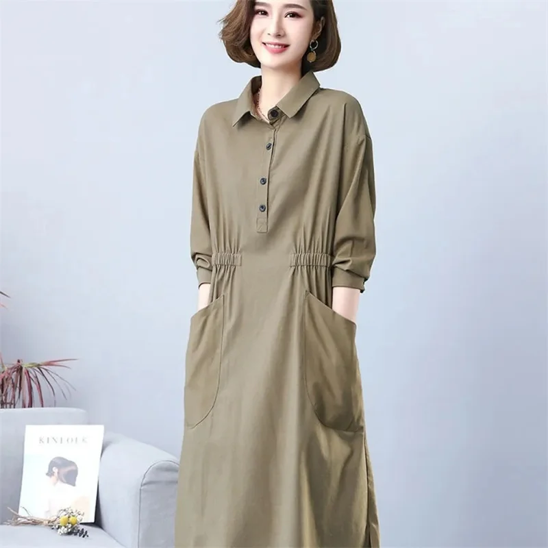 

Cotton Hemp Dress Women Shirt Dress New Spring Summer A-line Dress Middle age Female Loose Slim Waist Dresses 4XLDress