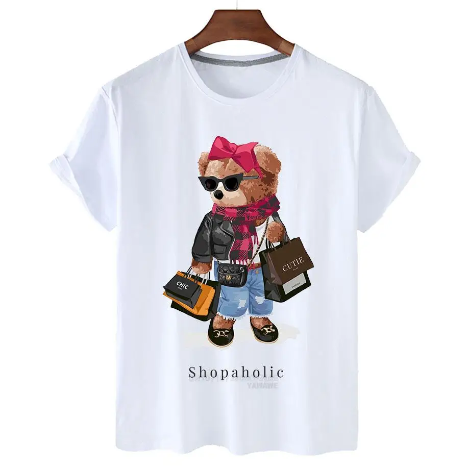 

Women Shopaholic Teddy Bear Print Tshirt Casual Summer Comfortable Character Creative Short Sleeve Fashion Ladie Tops
