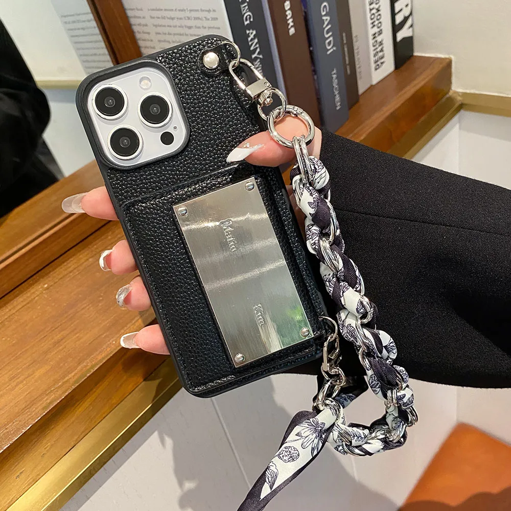 Elegant Mirror Wallet Card Slot Phone Case with Protective Cover and Lanyard Scarf Holder