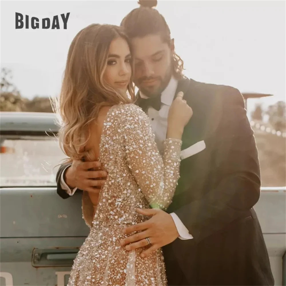 Glitter Long Sleeve Wedding Dresses 2025 Shiny Sequin O-Neck Open Back Bride Gown A-Line Open Back Vestidos De Novia Customized 4