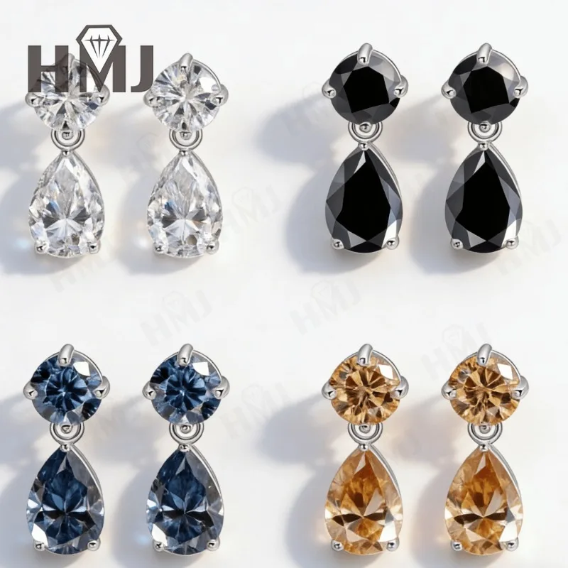 Moissanit-Ohrringe, rund + birnenförmig, D, Weiß, Schwarz, leuchtendes Blau, Champagner, Dual-Form-Ohrstecker, edler Schmuck, Geschenk für Frauen zum Jahrestag – Detail 10