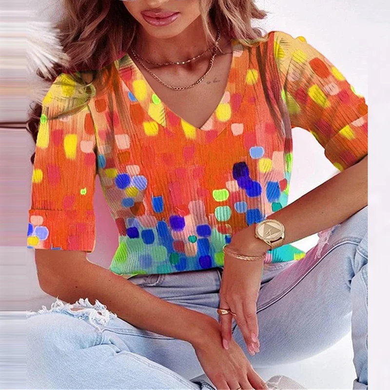 

Fashion Pattern Print V Neck Tops Shirts Female Casual Short Sleeve Office Pullover Summer Harajuku High Street Loose Streetwear