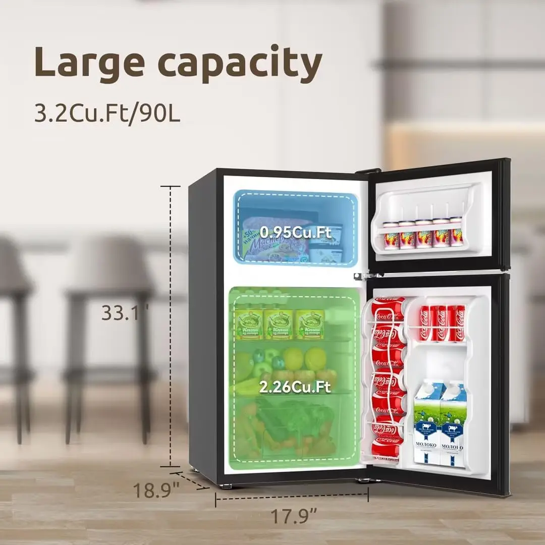 Mini Fridge with Freezer, 2 Door Small Refrigerator with Freezer, Mini Fridge for Bedroom, 3.2 CU.FT, For Home, Office, Dorm, Ga