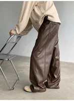 PU Leather Pants men Straight 2025new Spring Men's Punk Fashion Hip Hip Men Wide-leg Mopping Trousers Windproof Dark Brown/Black