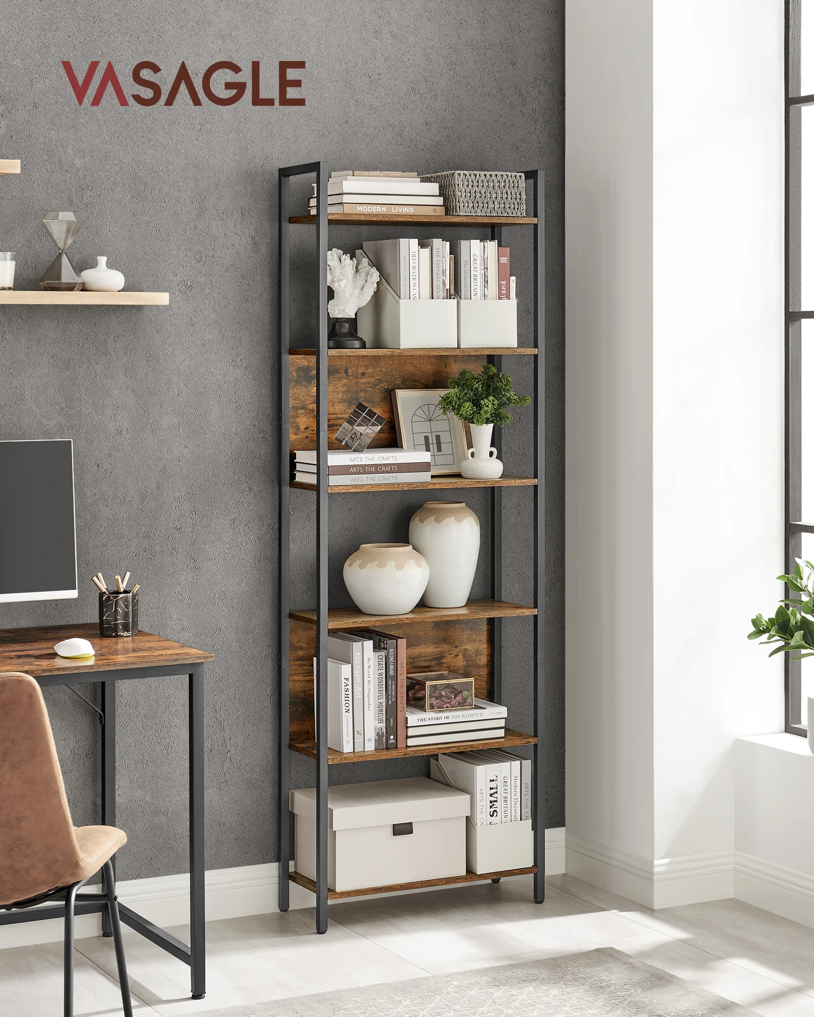 VASAGLE Bookcase, 6 Shelf Unit Bookcase, Steel Structure, for Living ...
