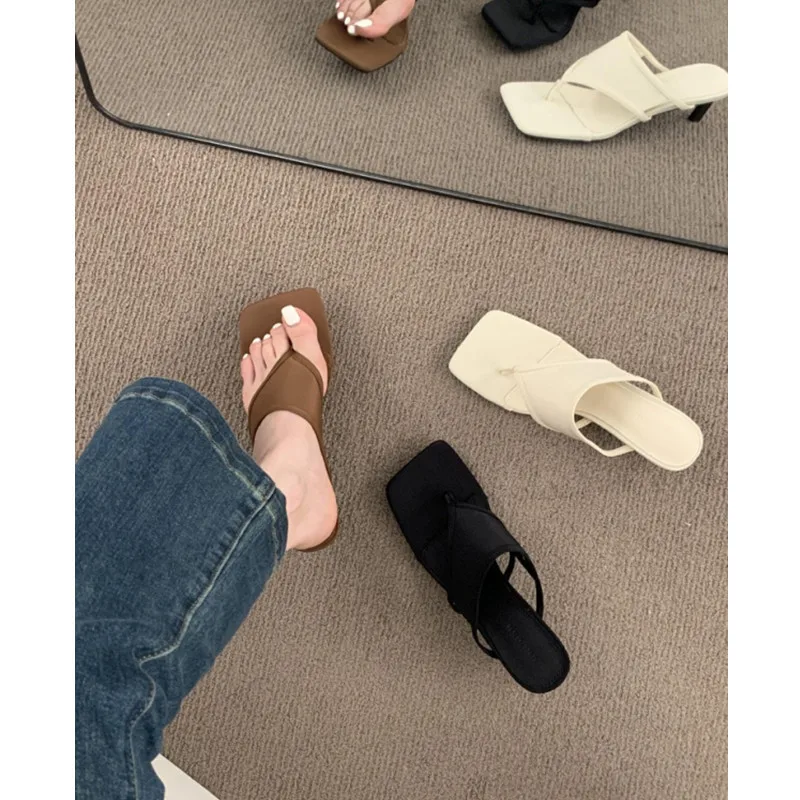 Summer Flip-flops New Style Square Head Slippers Feet Clip Thin Heel High Heels Fashion Roman Women's Shoes Sandals Wear Outside