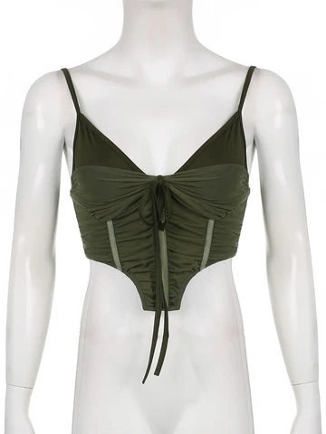 Fairycore Grunge Cami Top Retro Green Cute Ruched Tie Y2K Corset Vest Female Sleeveless V Neck Sexy Irregular Crop Tops