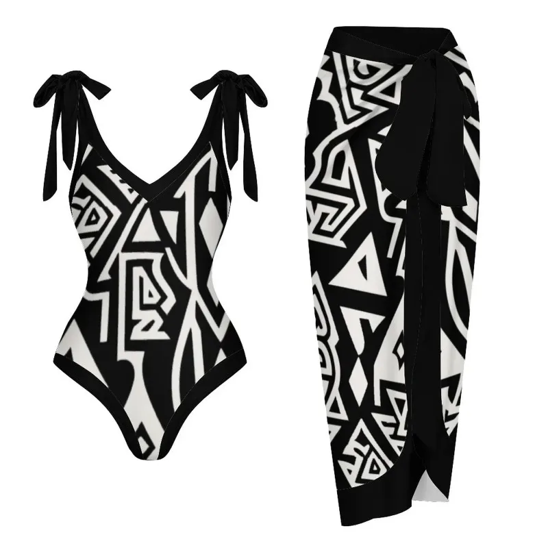 

Geometric Art Print One-Piece Swimsuit Sexy V-Neck Halter Bow Strap Low Waist Beachwear Irregular Cover 2024 Women Plus Size