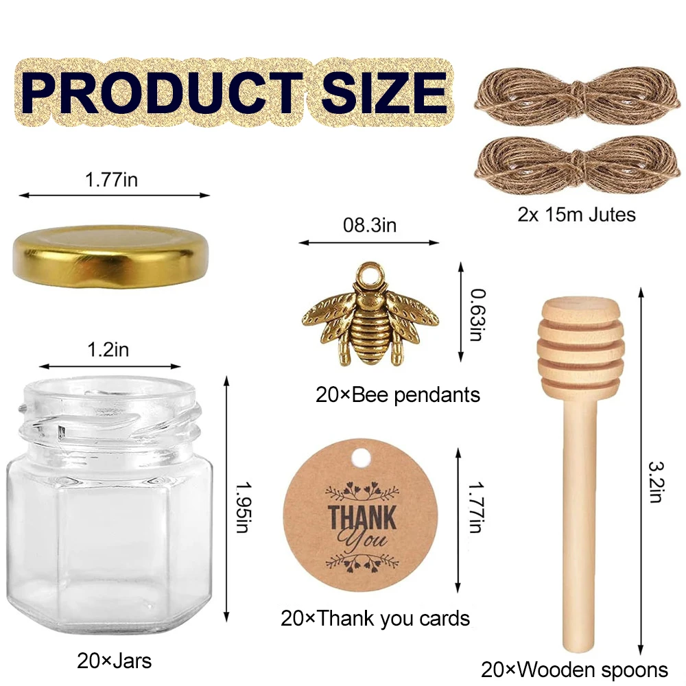 20 pack 1.5oz Mini Glass Honey jars Small Hexagon Honey Jars with Dipper Empty Glass Jars for Baby Shower Wedding Favors Party F glass honey jars