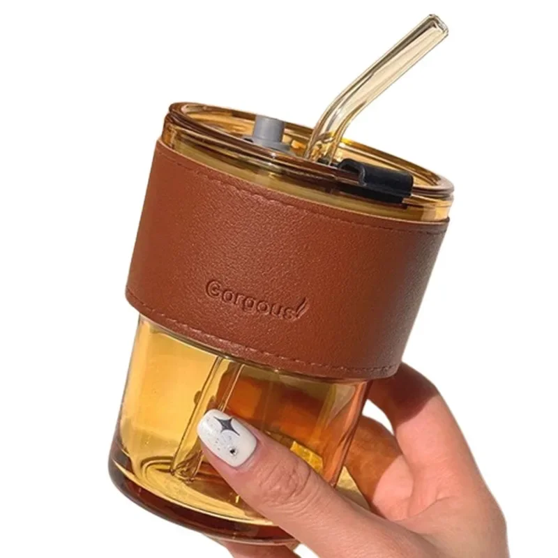 Creative 400ml Double-Mouth Glass Water Bottle with Lid and Straw