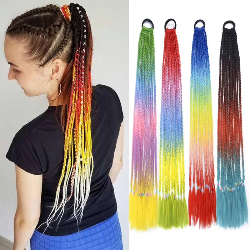 24 polegada meninas caixa colorida trançado rabo de cavalo com elástico de  borracha extensões de cabelo arco íris cor crianças caixa peruca pigtail  hairpiece| | - AliExpress