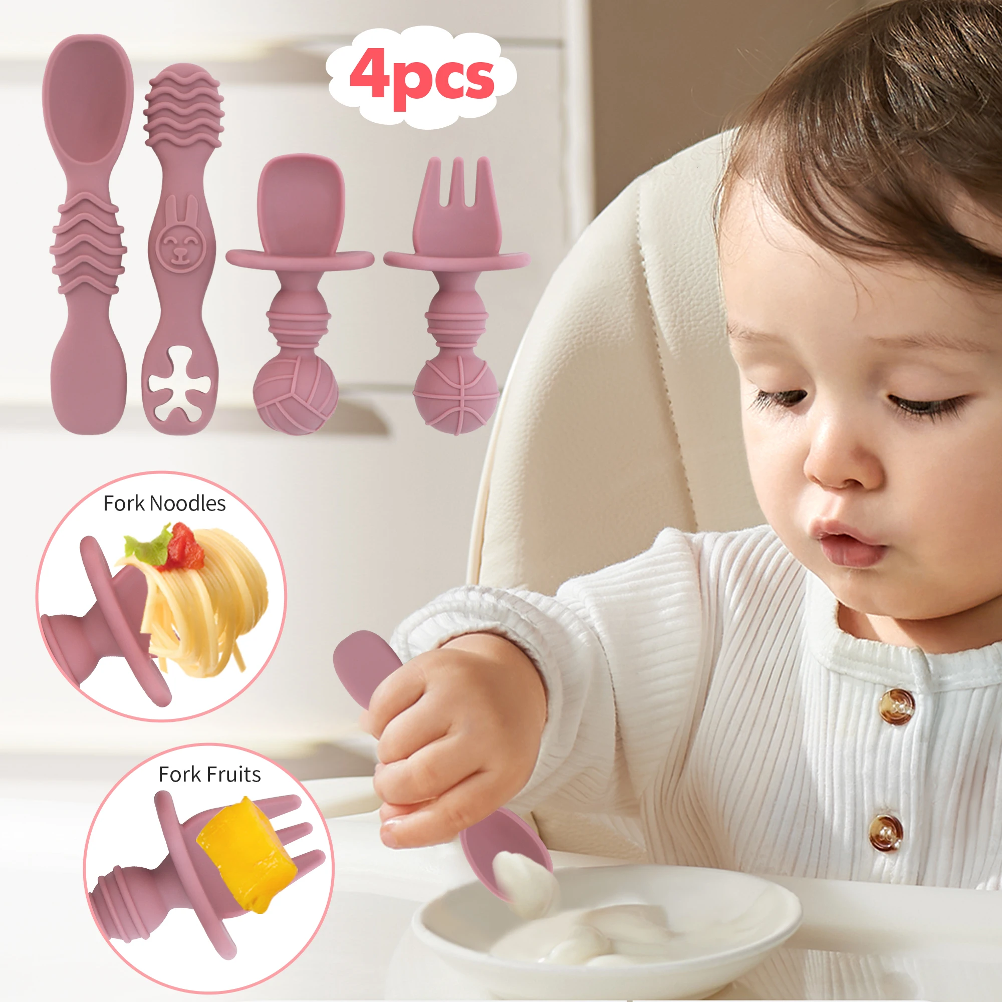 Silicone Cutlery Set Silicone Feeding Spoon Baby Cutlery 4-Pack Silicone Toddler Spoon Cutlery