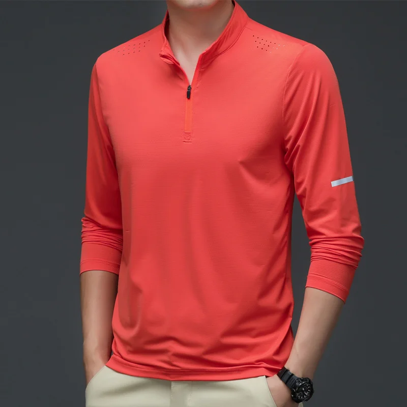 Spring Autumn Polo-neck Loose Casual Quick Drying T-shirt Male Long Sleeve Comfortable Sporty Tee Hombre Zipper Pullover Top Men