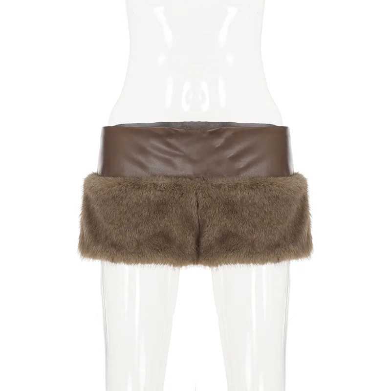 Faux Fur Patchwork Grommet Metal Buckles Pu Leather Shorts Women Chic Sexy Zipper Low Waist Casual Streetwear Bottoms Clubwear
