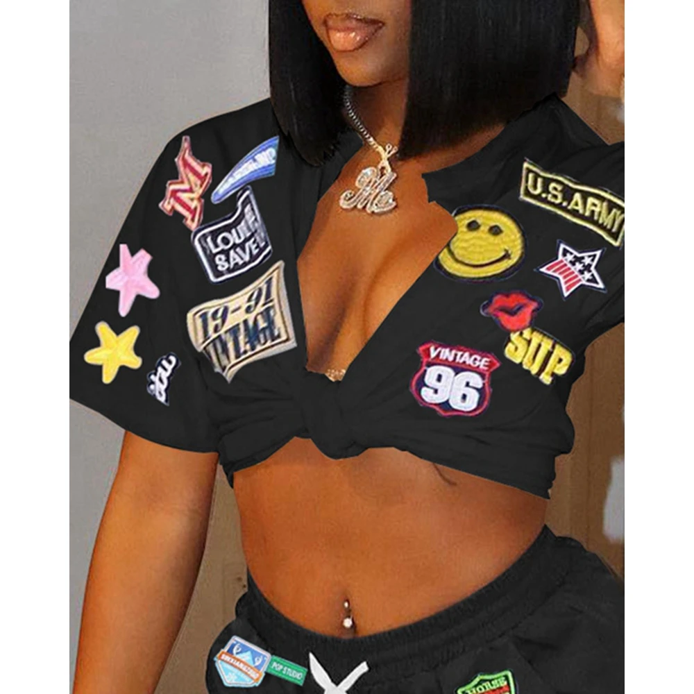 Summer Women Cartoon Print 2 piece Suits Streetwear Sexy V-Neck Short Sleeve Casual Crop Top & Patchwork Drawstring Short Set