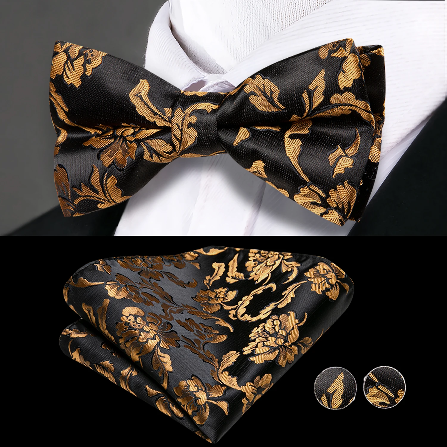 Hi-Tie Luxus Designer Schwarz Gold Floral Kummerbund Fliege Set Formelles Smoking Korsett Elastischer Gürtel für Männer Hochzeit Kummerbunds – Detail 9