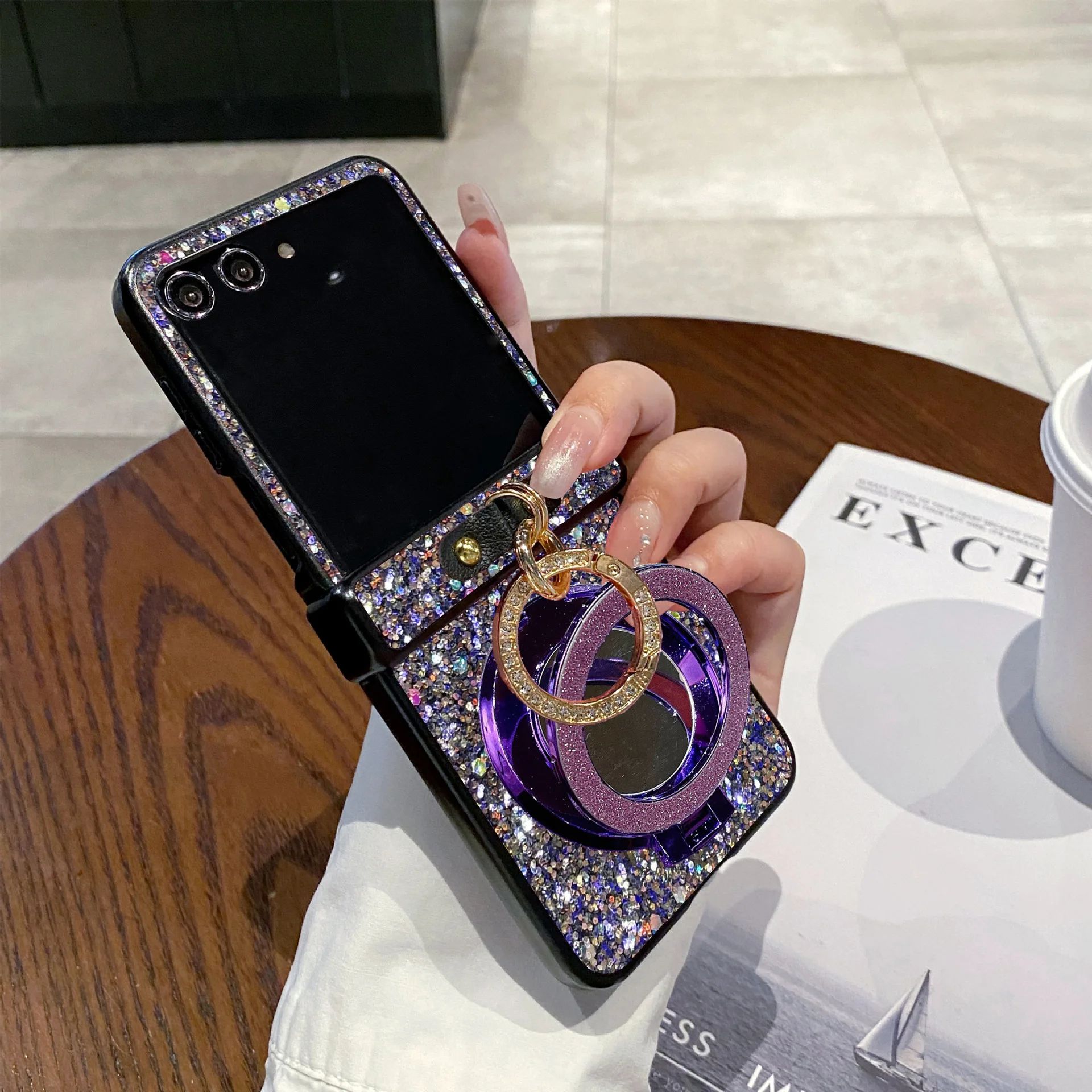 Korean Style Shiny Magnetic Mirror Phone Case with Faux Diamond Ring Buckle