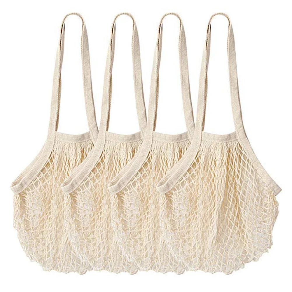 

Reusable Produce Bags, 4 Pack Extra Long Handle Mesh Cotton Grocery Bags, Eco-Friendly Washable Shopping Bags