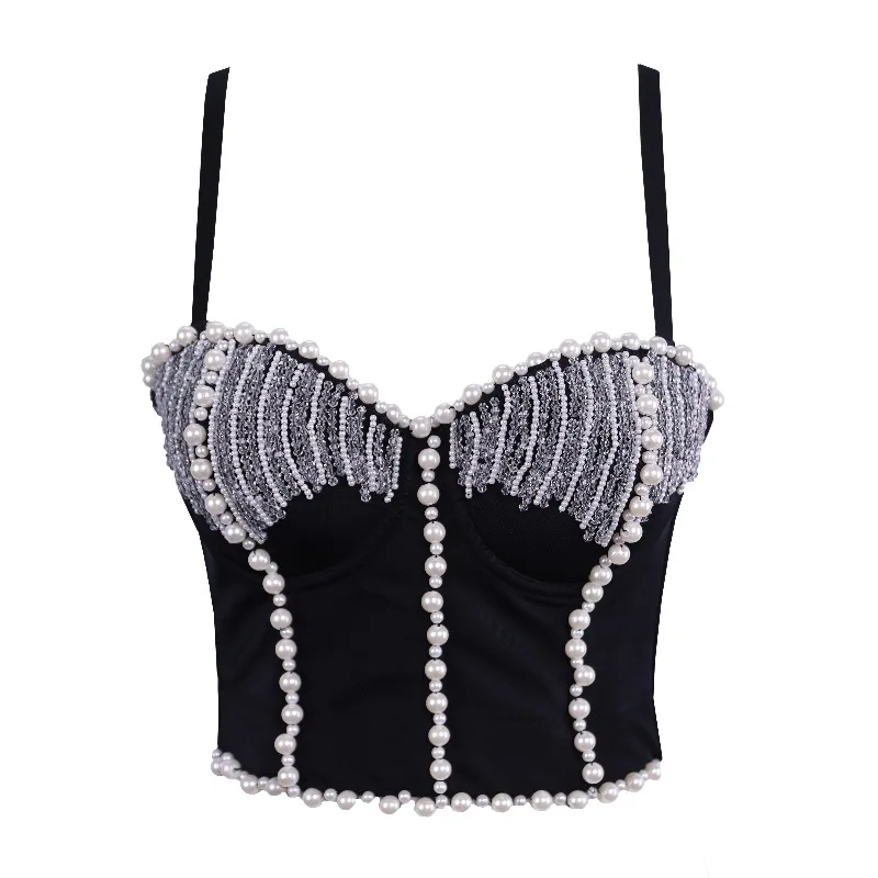 

Stunning Rhinestone Embellished Corset Top for Women with Fishbone and Heavy-duty Straps Bustier Cami Crop Top