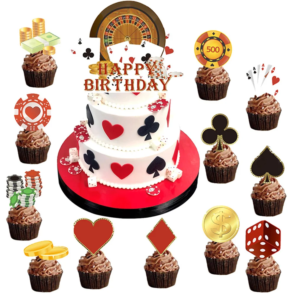 

Casino Cake Decor Casino Cake Toppers Happy Birthday Poker CupCake Topper Poker Chips Dices Dollar Sign Las Vegas Birthday Decor