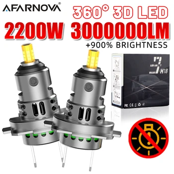 3D H7 LED Car Headlight Bulb Canbus 2200W 3000000LM Led Light for Car 360 Turbo LED Mini HeadLamp Size Wireless with Fan 6000K 1