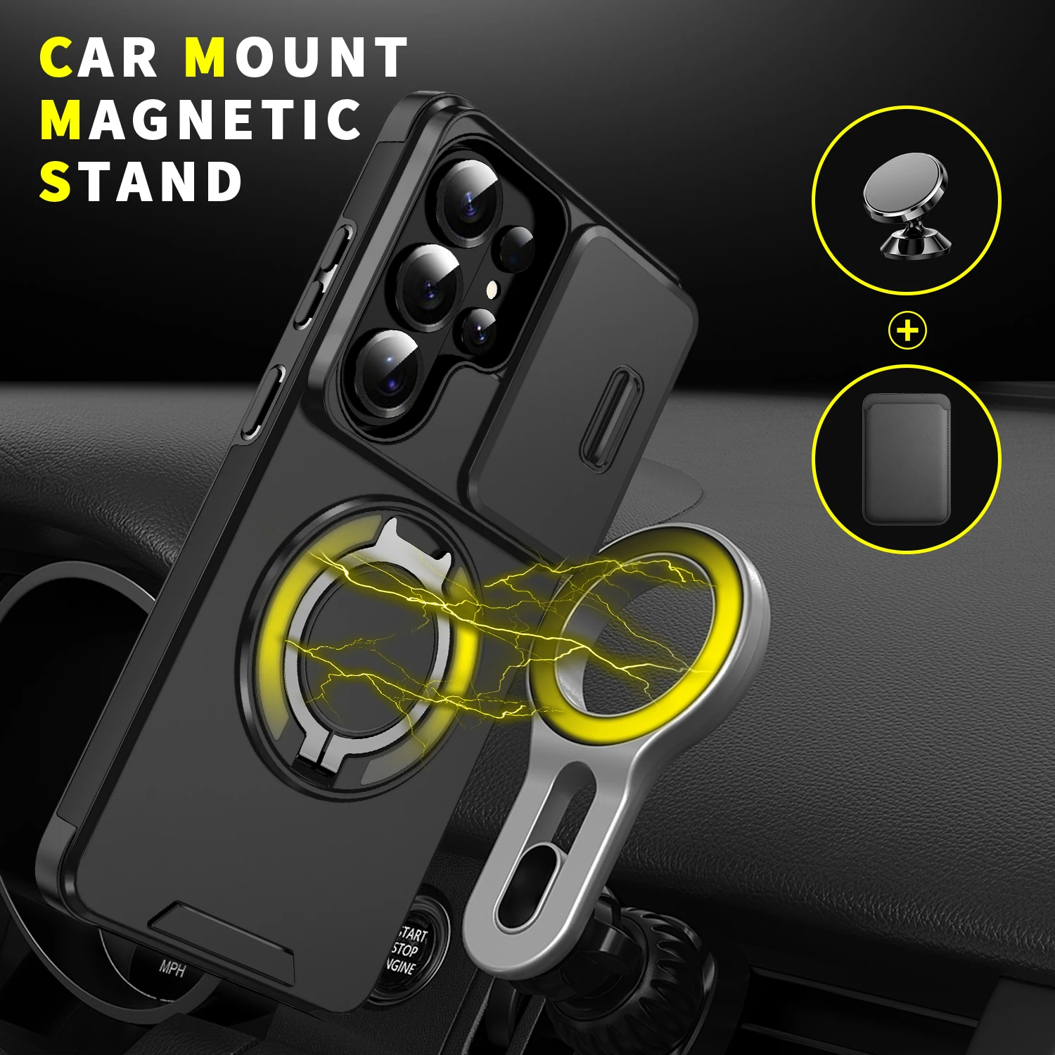 Slide Camera Protection Armor Phone Case with Metal Kickstand and Magnetic Back Cover