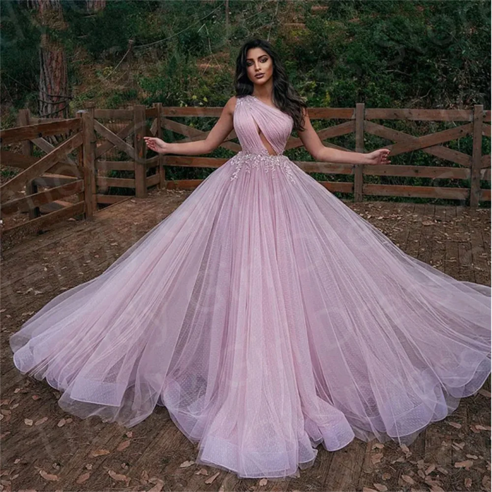 

Exquisite Pink One Shoulder Dot Tulle Prom Dress Appliques Dubai Arabic Formal Evening Gowns Wedding Dress فساتين السهرة