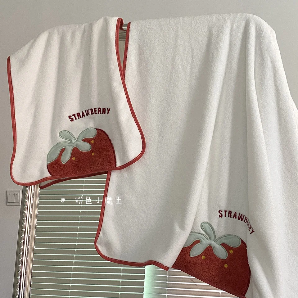Strawberry Embroidery Face Towel Couples Cute Daily Ins Home Household Strong Absorbent Soft Coral Fleece New Simple Microfiber 3