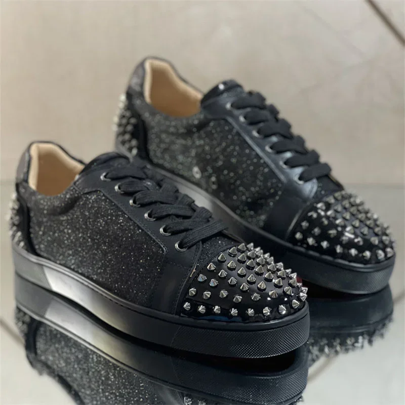 Luxury Brand Leisure Style Red Sole Low Top Rivets Shoes For Men's Casual Flat Loafers Women's Round Toe Lace Up Zipper Sneakers 3