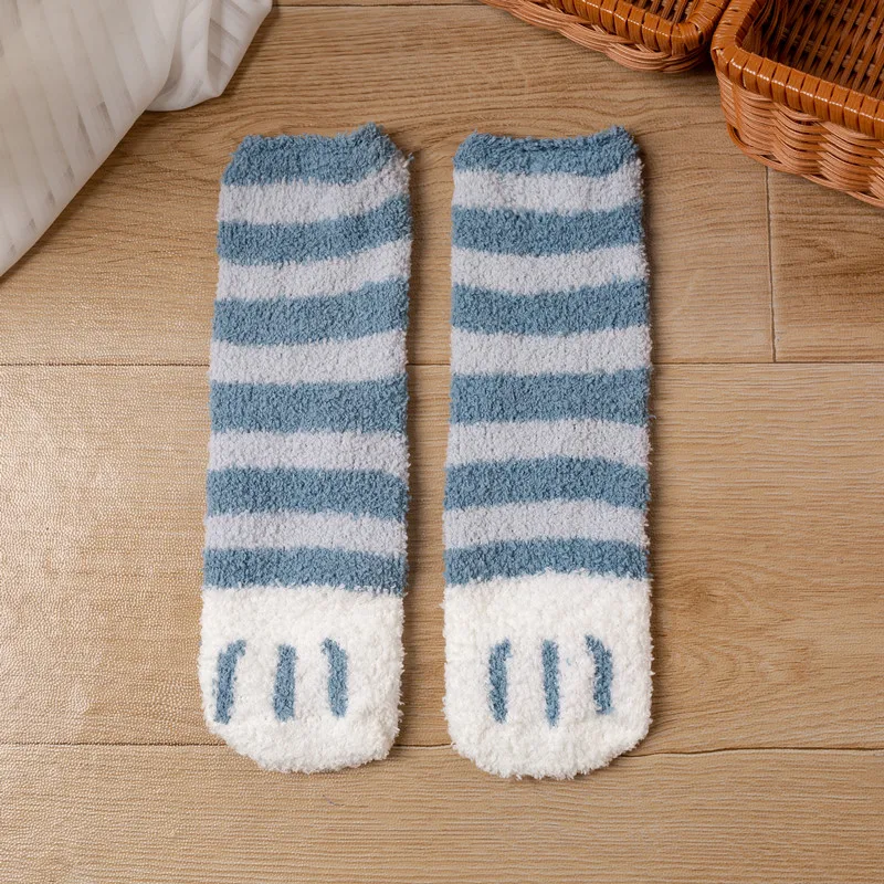 7 pairs Coral Fleece Winter Women's  Warm Socks Cat Paw Striped Socks Cute Cartoon Animal  Thick  Toe Foot Floor  Sleep Socks