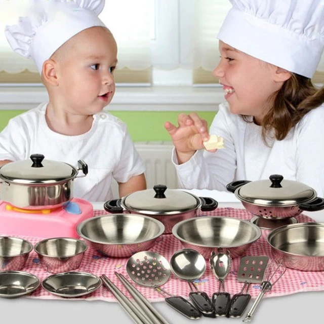 Stainless Steel Miniature Kitchen Set For Kids Includes Cooking