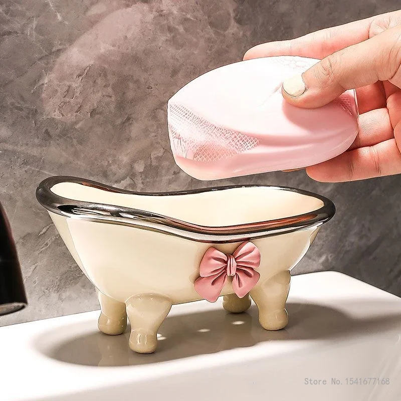 Cute Bow Knot Ceramic Soap Box, Creative Light Luxury, High, Beauty, Home Bathroom Decor Supplies, Thickened, Waterproof, 1Pc