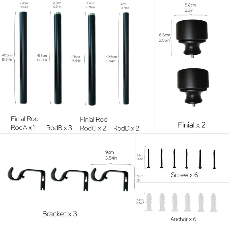 Heavy-Duty Adjustable Black Curtain Rod Set-1 Inch Thick, Single Telescoping Drapery Rod for Bathroom & Living Room Decor