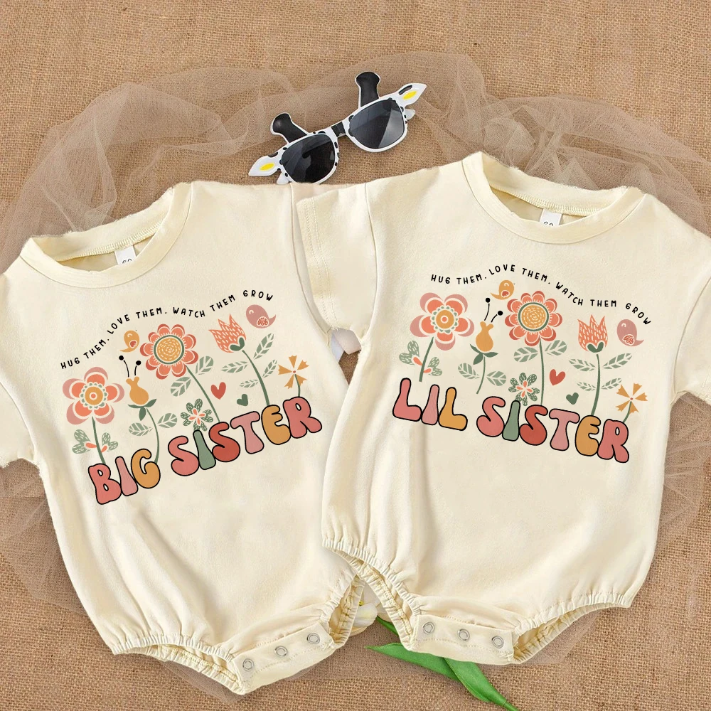 

Flower&Big Sister/little Sister Print Baby Oversized Bubble Romper Baby Girl Outfits Newborn Toddler Rompers Summer Clothes