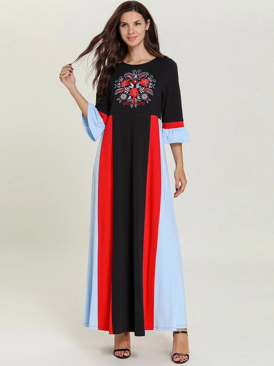 

Feminine Muslim Dress Dubai Embroidery Abaya Short Sleeve Patchwork Design Colors Kaftans Robe Turkey Muslim Dress Islam Abayas