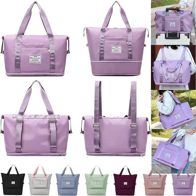 Large Capacity Folding Travel Bag Portable Lightweight Waterproof Oxford Duffel Fabric Bag Dry Wet Separation Shoulder Bag