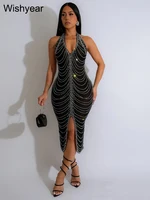 New Sexy Diamonds Halter Black Party Bodycon Midi Dress Women Sleeveless Backless Front Split Birthday Night Prom Club Vestidos