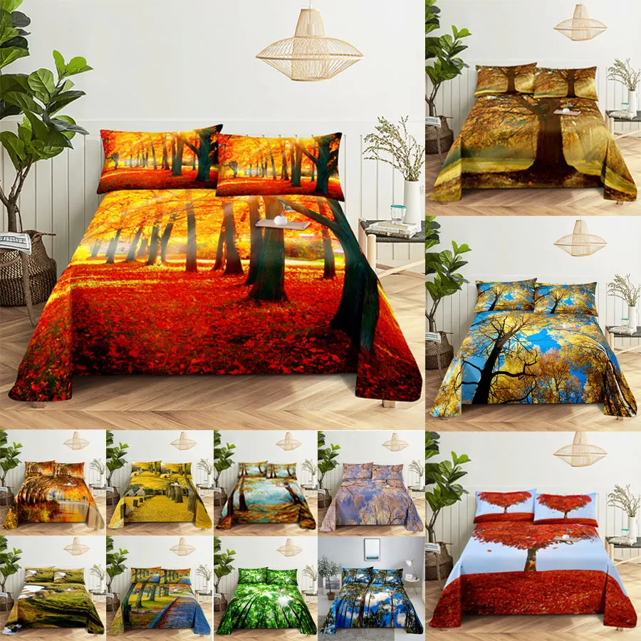 

Scene Bed Sheet and Pillowcase Set Bedding Linens Cover Queen King Double Size 220x240 Trees for Bedroom Soft Twin Full Single