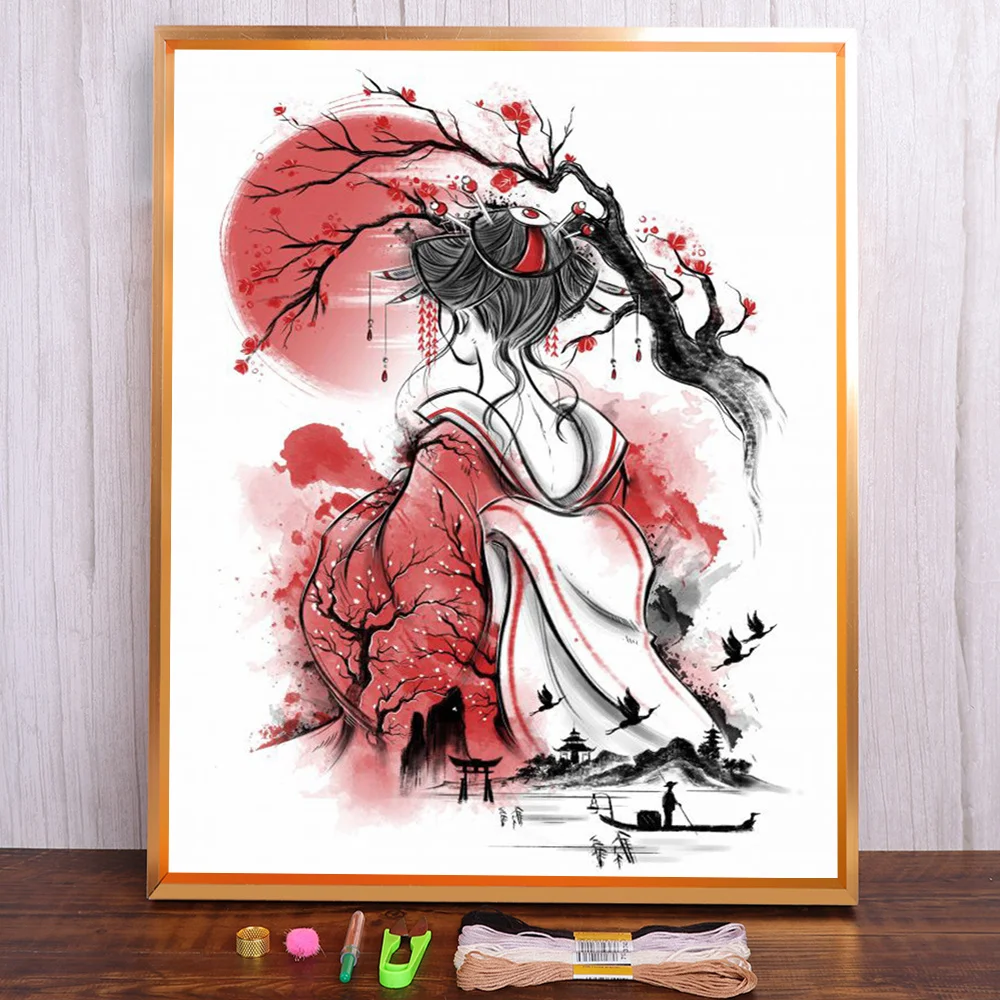 Japanische Geisha bedruckte Leinwand 11CT Kreuzstich Komplettset Stickerei Malerei Stricken Handarbeit Handarbeit Mulina Nadelschmuck – Detail 13