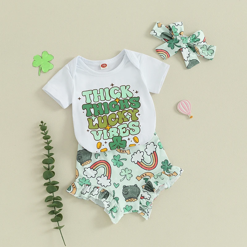 

Listenwind Baby Girls Shorts Set Short Sleeve Letters Print Romper with Rainbow Shamrock Shorts and Hairband Summer Outfit