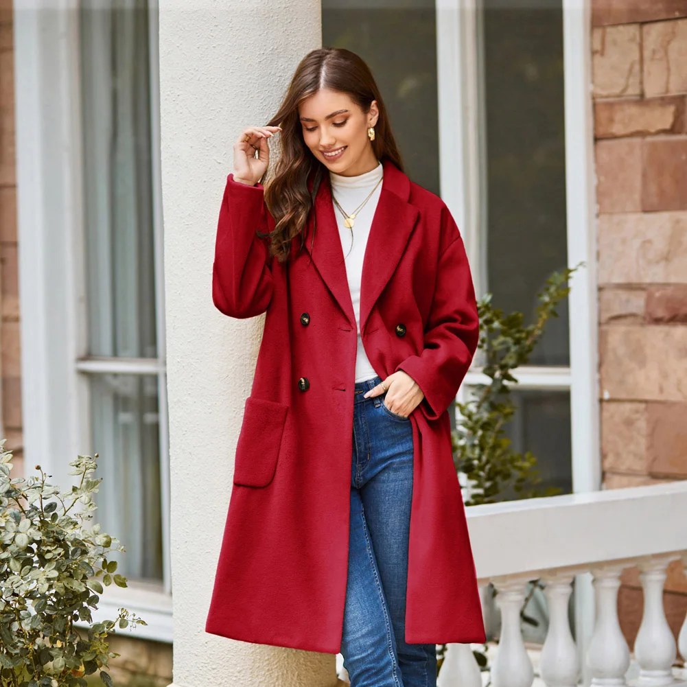 GK Women Double Breasted Overcoat Dropped Shoulder Lapel Collar Peacoat Autumn Winter Vintage Retro Office Lady Fashion Jackets