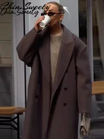 Urban Women Wool Long Coat Casual Full Sleeve Lapel Doube-Breasted Female Coats 2025 Autumn Winter Casual Lady Streetwear 5