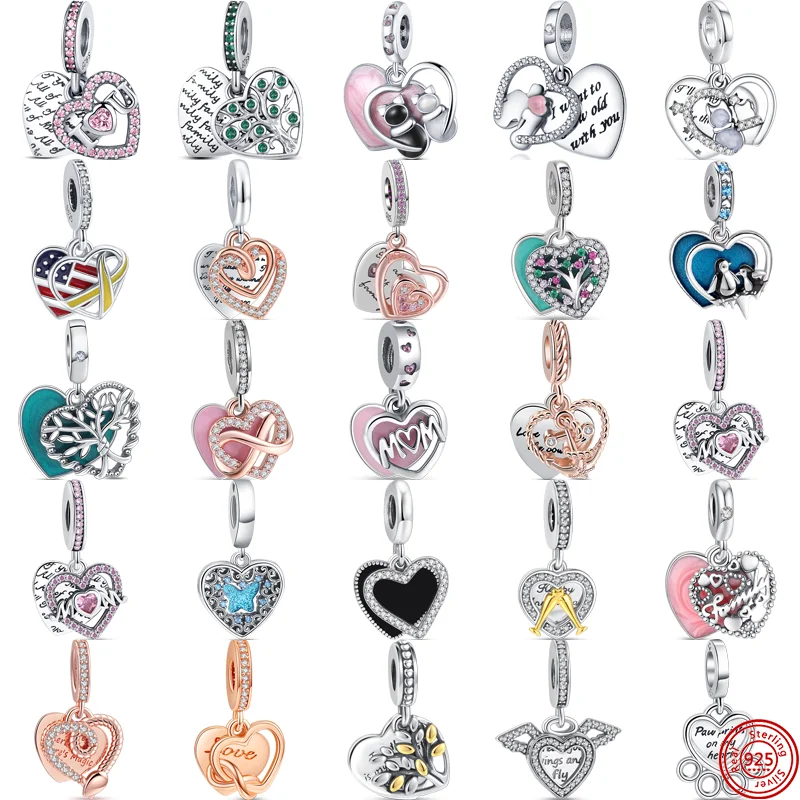 New 925 Silver Heart Shaped Pendant Love Mom Family Tree Eternity Charm Fit Original Pandora Bracelet DIY Bead For Women Jewelry