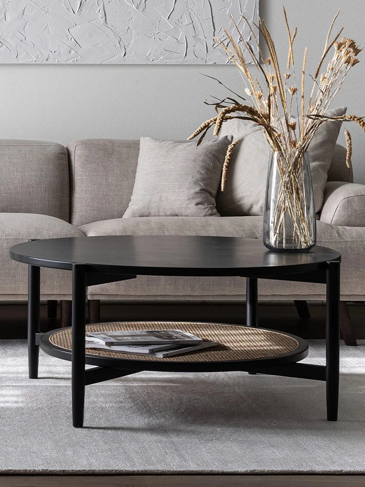 

Кофейный столик из массива дерева в стиле ретро, Круглый ротанговый подвижный скандинавский черный гостиной, для отдыха, дома, простой современный, для маленькой квартиры