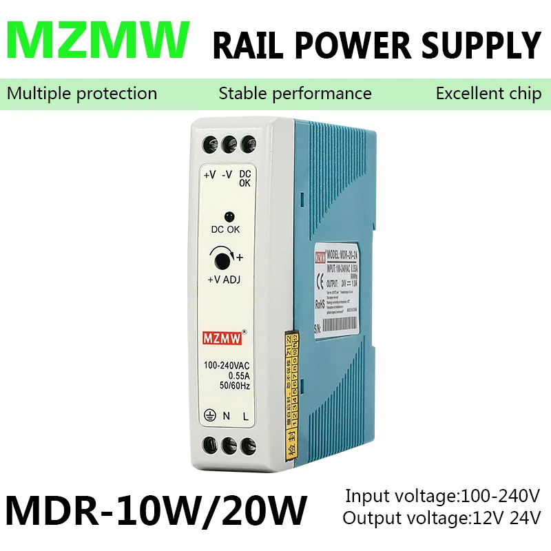 DIN 레일 스위칭 전원 공급 장치, MDR 시리즈 5V, 12V, 24V, 110V, 220V, AC-DC 산업용 안정기 변압기, 10W, 20W